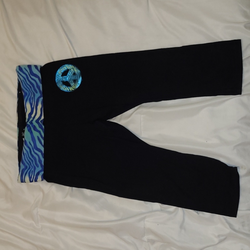 Justice Blue Tiger/Zebra Striped Peace Sign Foldover Yoga Pants/ Leggings